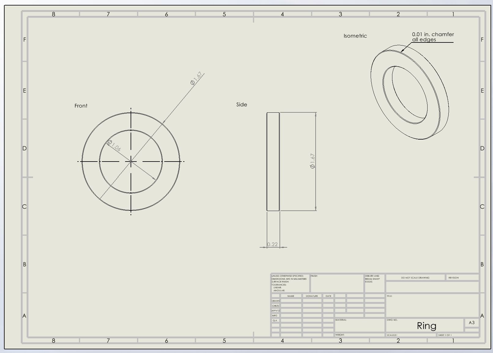 Ring. Front, side and isometric with chamfer callout