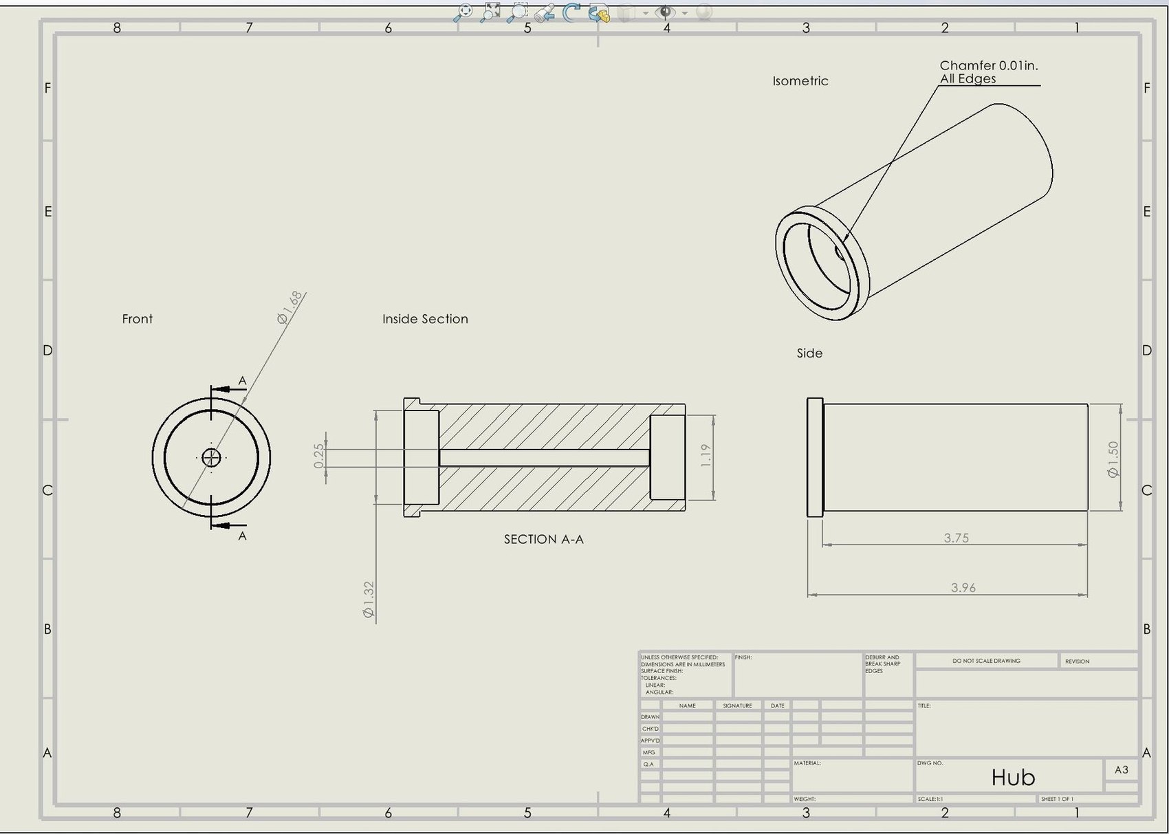 Sleeve. Inside section with wall thicknesses